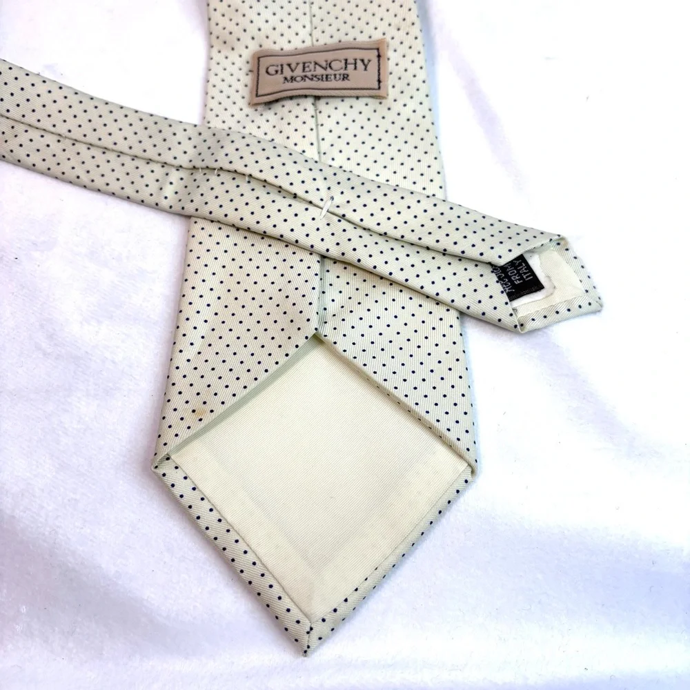 Vintage Givenchy Monsieur Handsome Silk Tie - Winter White w/ Navy Polka Dots